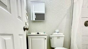 A bathroom with a toilet, sink, and mirror. - Soho Inn Waldo (Waldo)