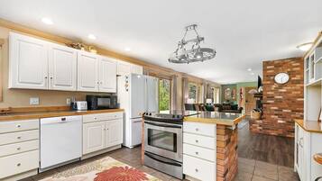 Een magnetron, een oven, een kookplaat, een vaatwasser