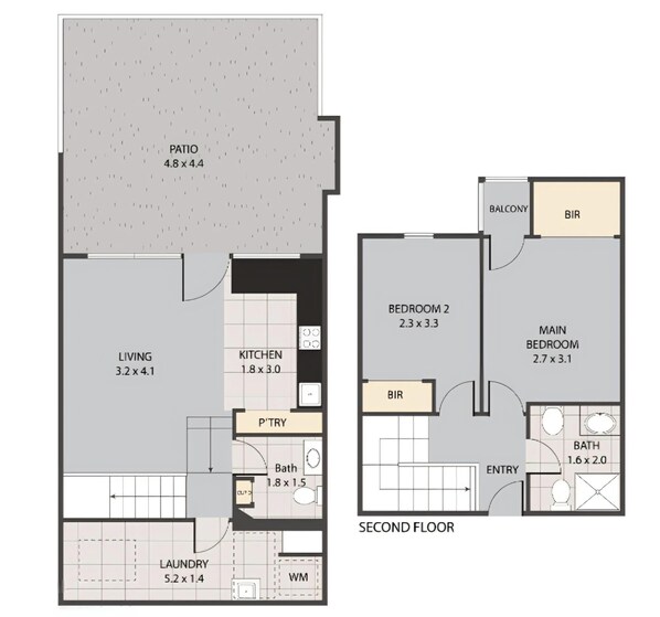 A 2nd floor apartment layout with a living room, kitchen, dining area, balcony, and a small bathroom. - Casa Flora Arizona, large private terrace (Puerto Rico)
