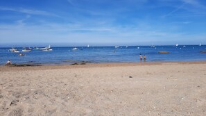 Une plage avec des bateaux sur l’eau et des gens sur le rivage.