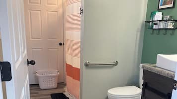 Hair dryer, towels, soap, toilet paper