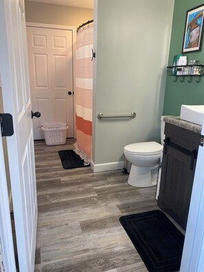 Secadora de cabello, toallas, jabón, papel de baño