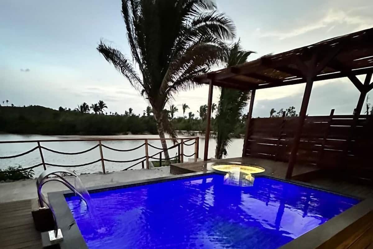 Piscina com deck de madeira, uma palmeira e vista para a água.