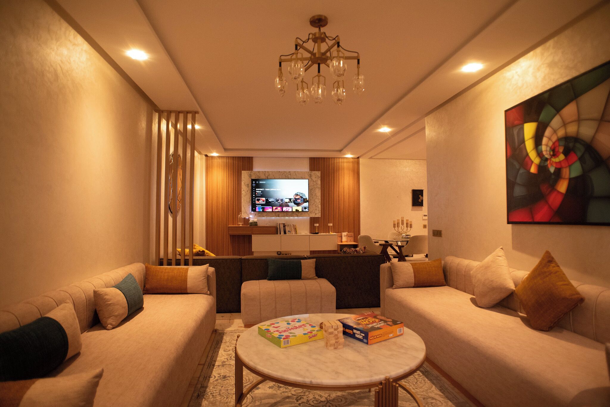 Smart TV, fireplace, books