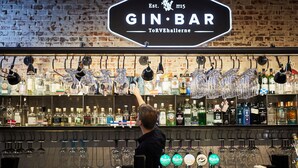 A bar with a sign reading "GIN BAR" and a variety of bottles and glasses on shelves.