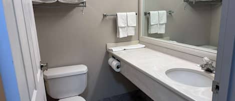 Hair dryer, towels, soap, toilet paper
