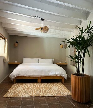 A bedroom with a bed, bedside tables, a hanging light fixture, a large potted plant, and a textured rug. - Ombligo  (Valle de Bravo)