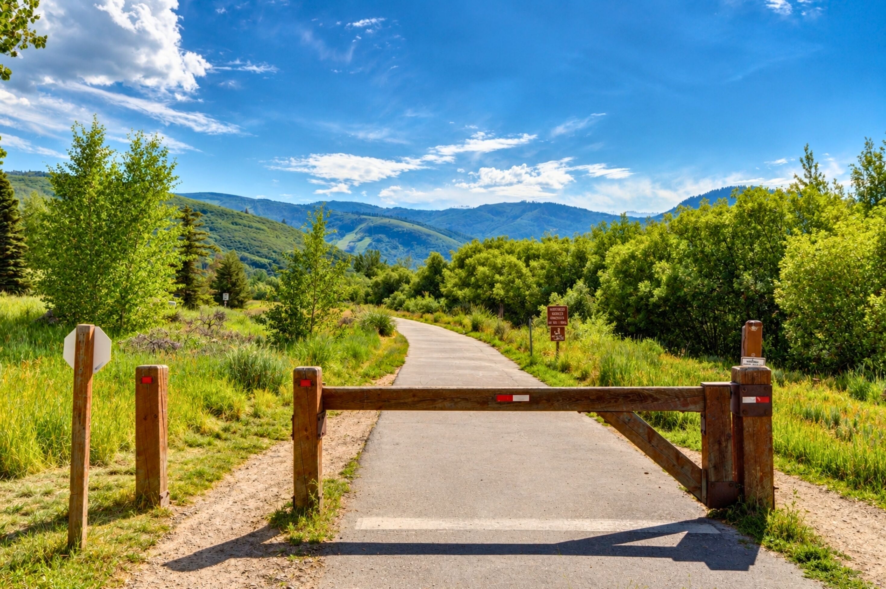 Un chemin pavé mène à travers un portail surmonté d’une enseigne, le tout étant entouré d’une végétation luxuriante et avec des montagnes en arrière-plan.