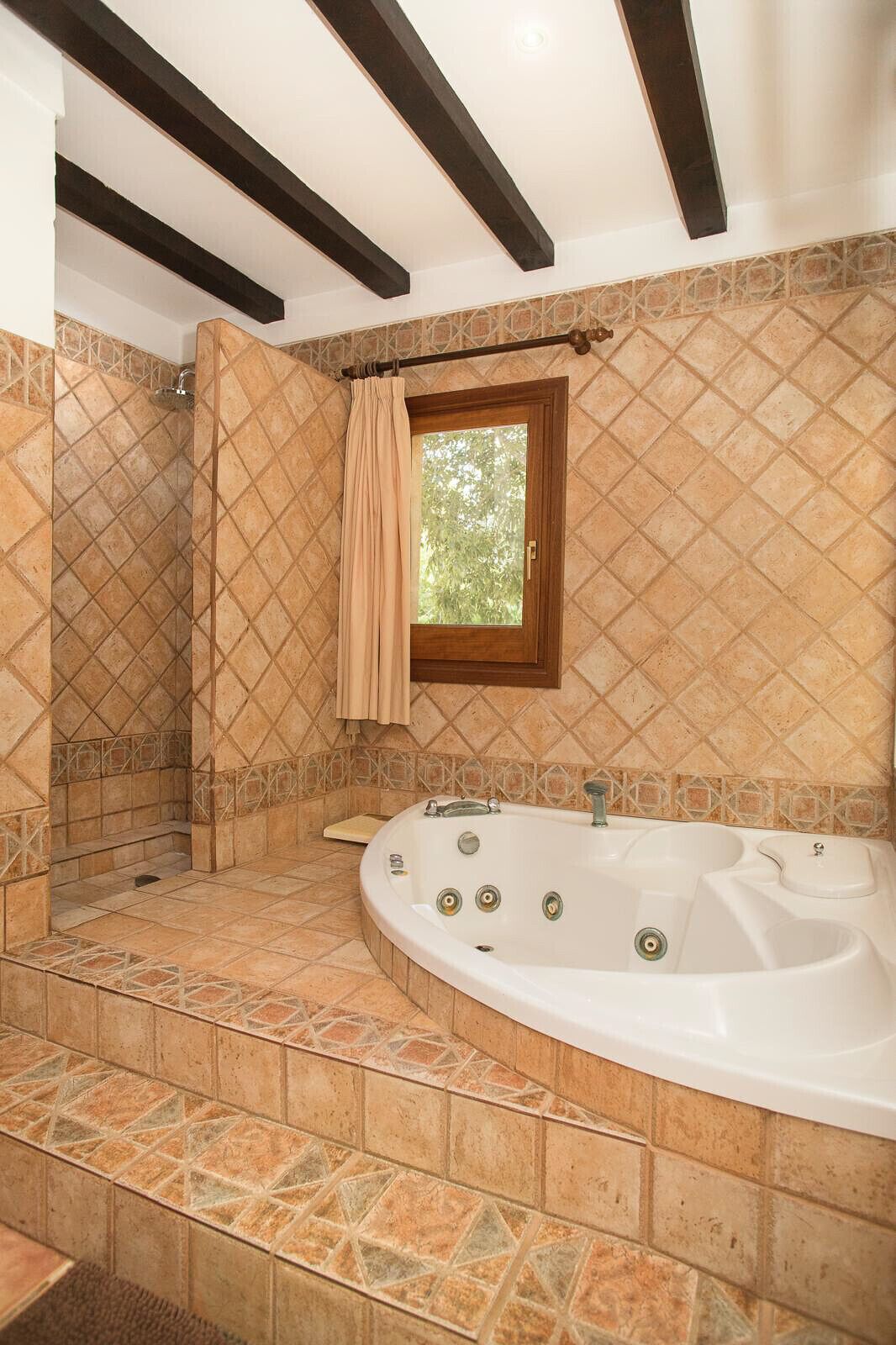 Une salle de bain dotée d’une baignoire sur pieds, d’un espace douche et d’une fenêtre laissant entrer la lumière naturelle.