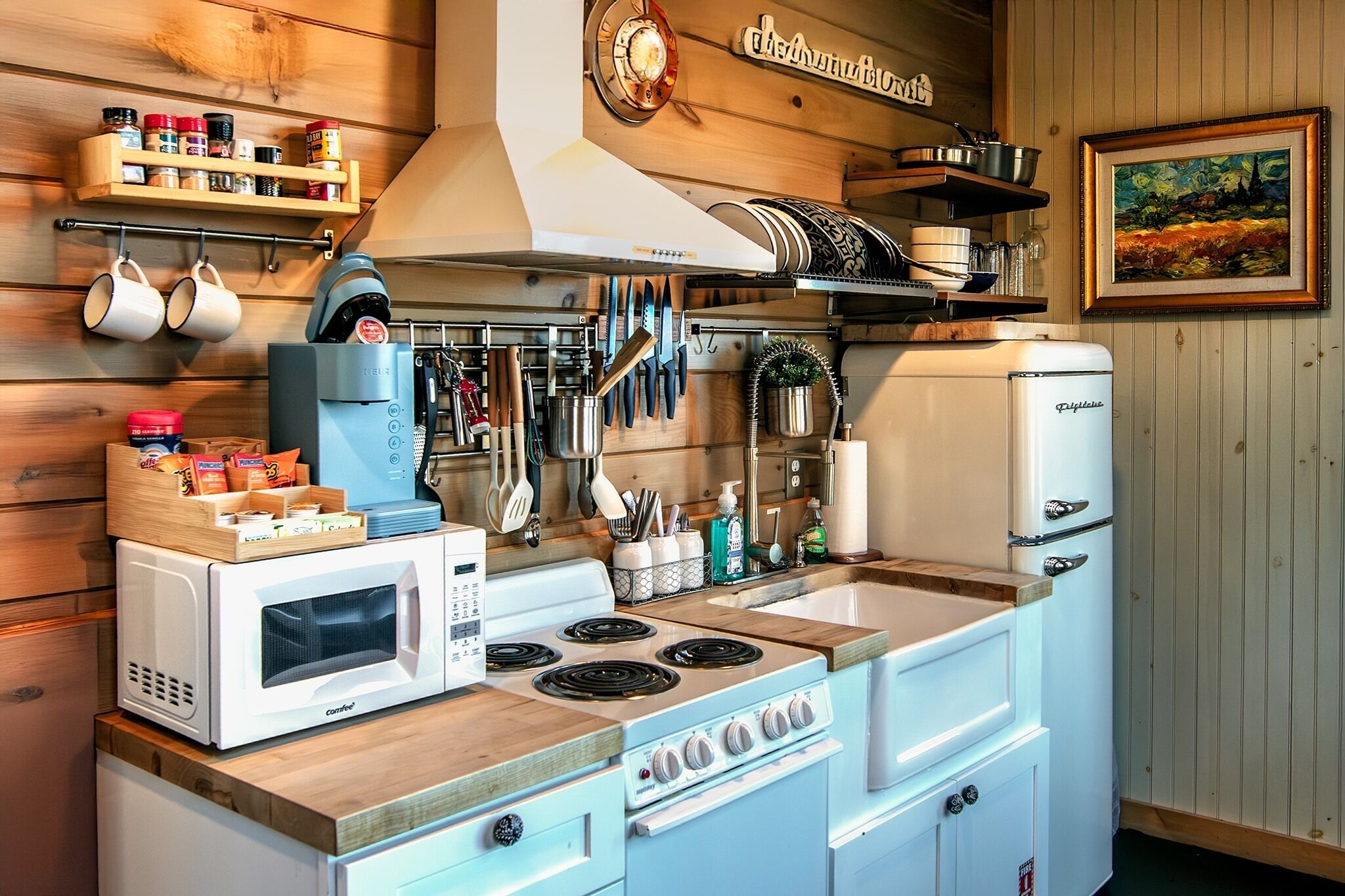 Frigorífico, microondas, horno y placa de cocina