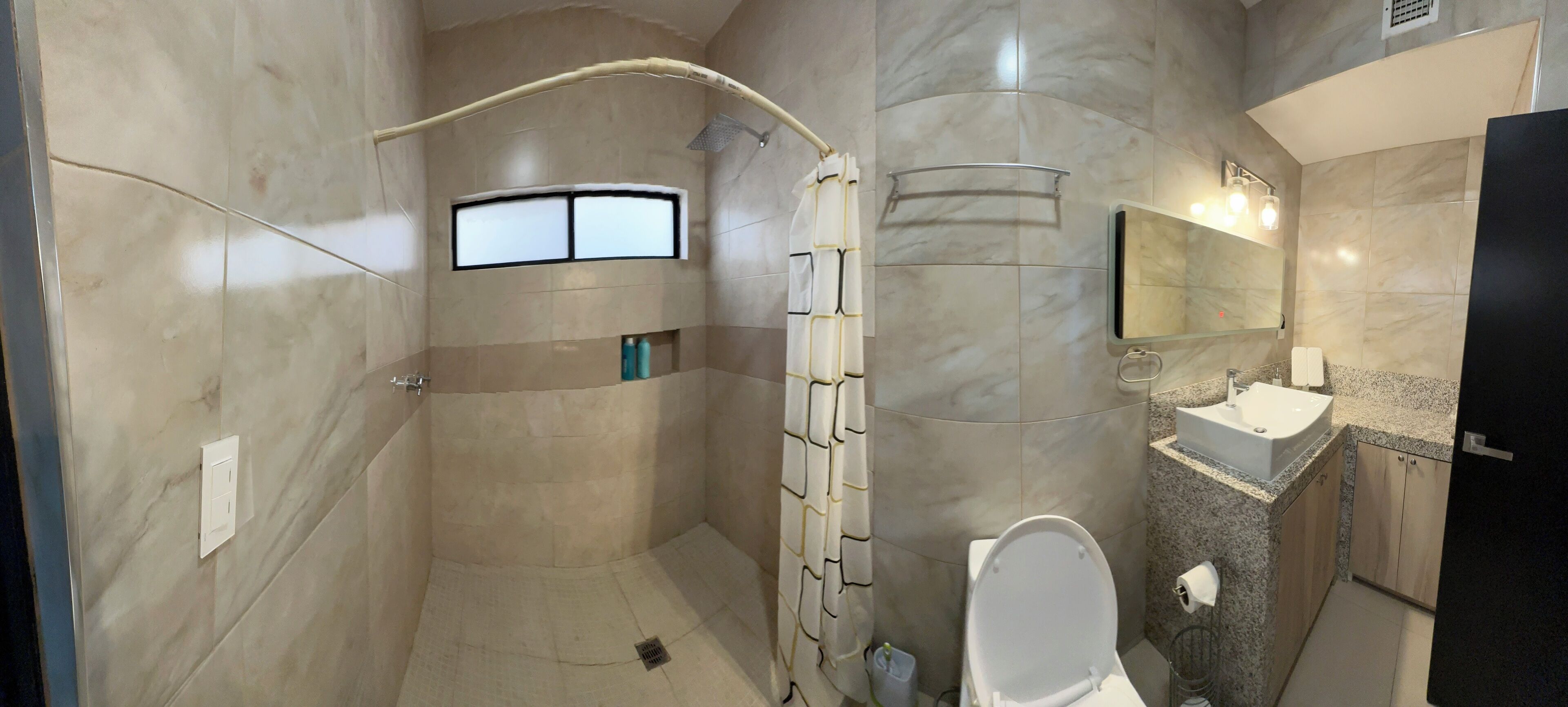 Hair dryer, towels, soap, toilet paper
