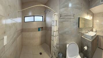 Hair dryer, towels, soap, toilet paper