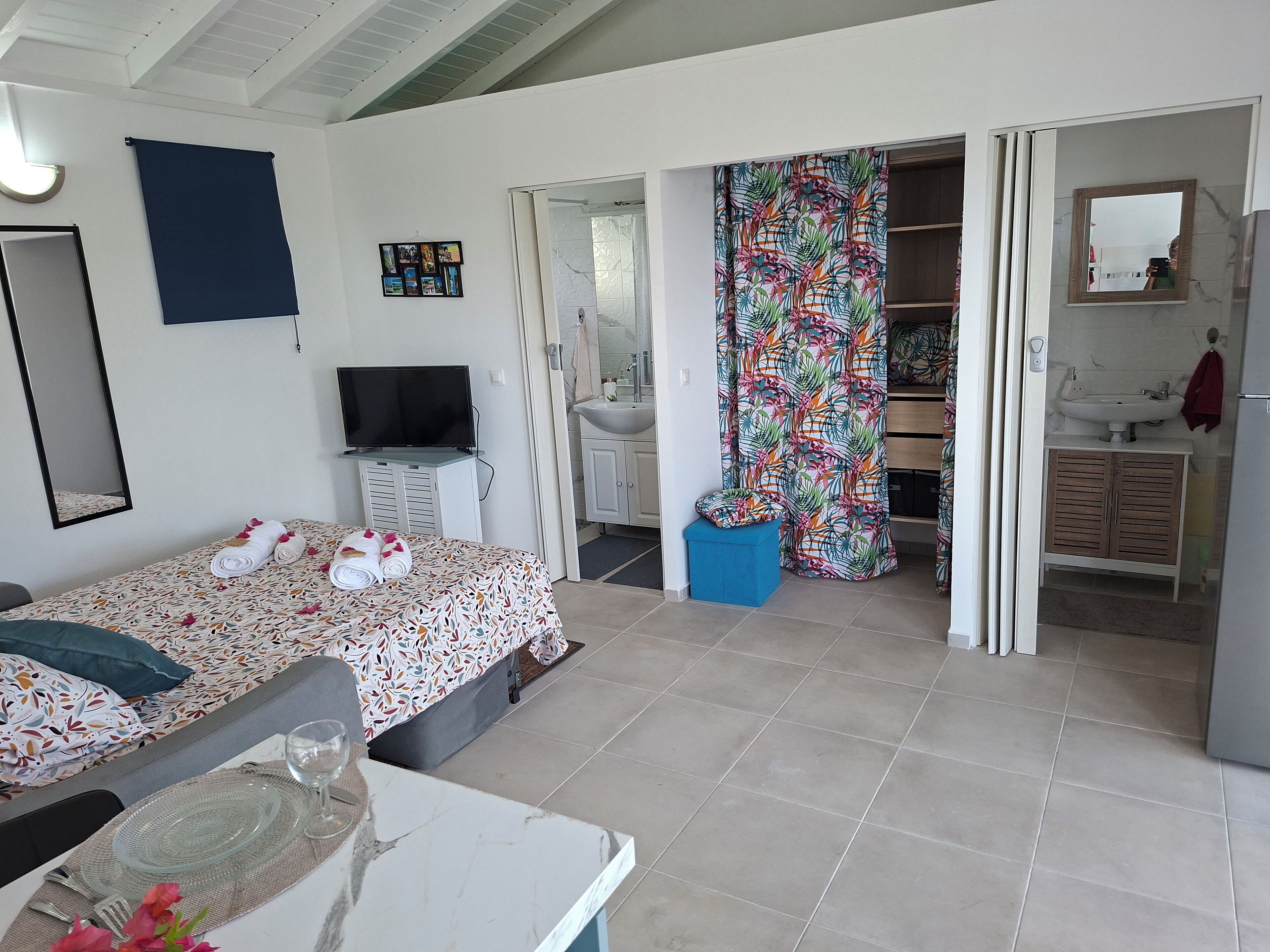 Ein Schlafzimmer mit Bett, Fernseher, einem Badezimmer mit Waschbecken und Spiegel sowie einer Essecke mit Tisch für zwei Personen.