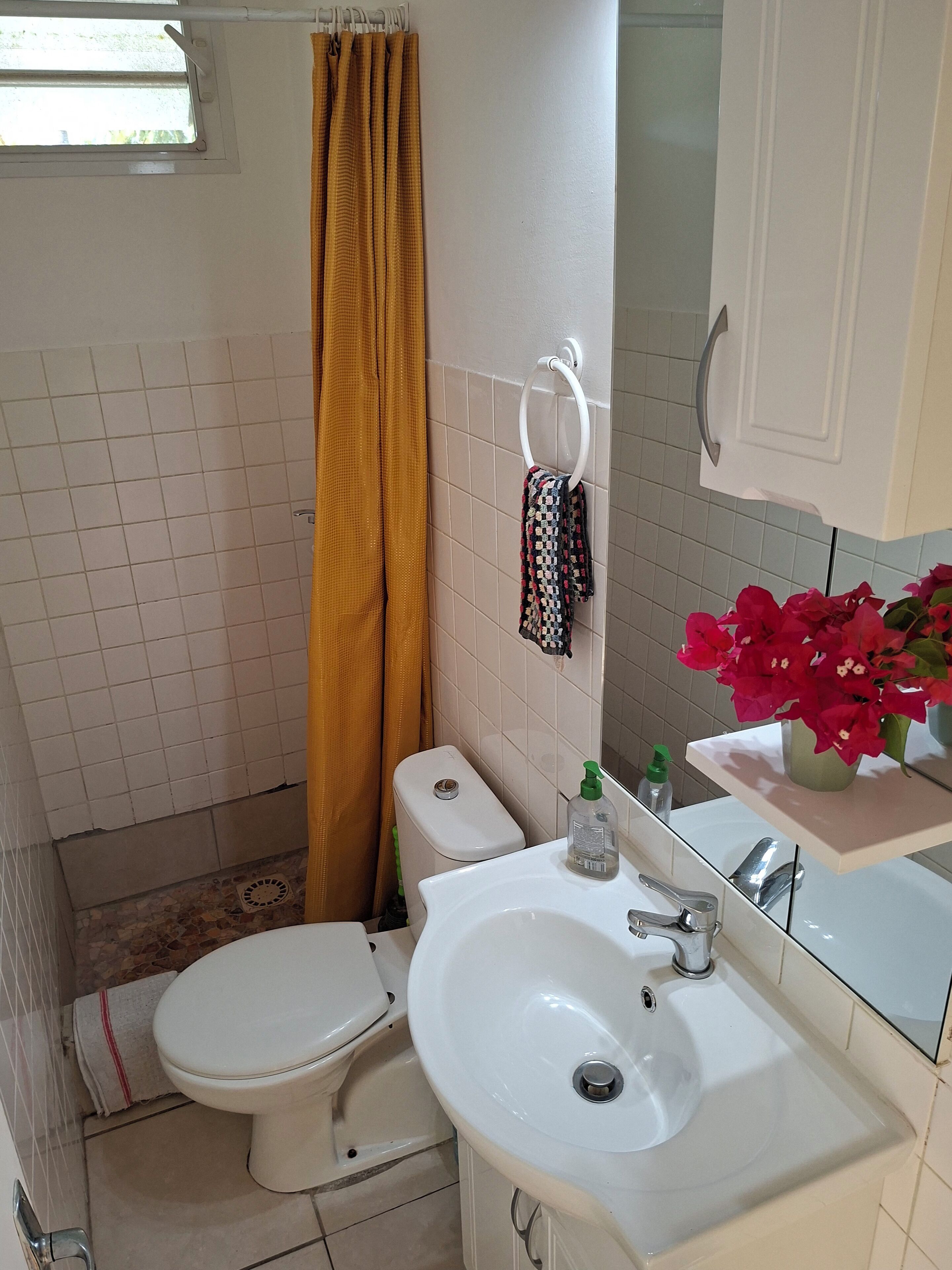 A bathroom with a toilet, sink, and shower curtain.