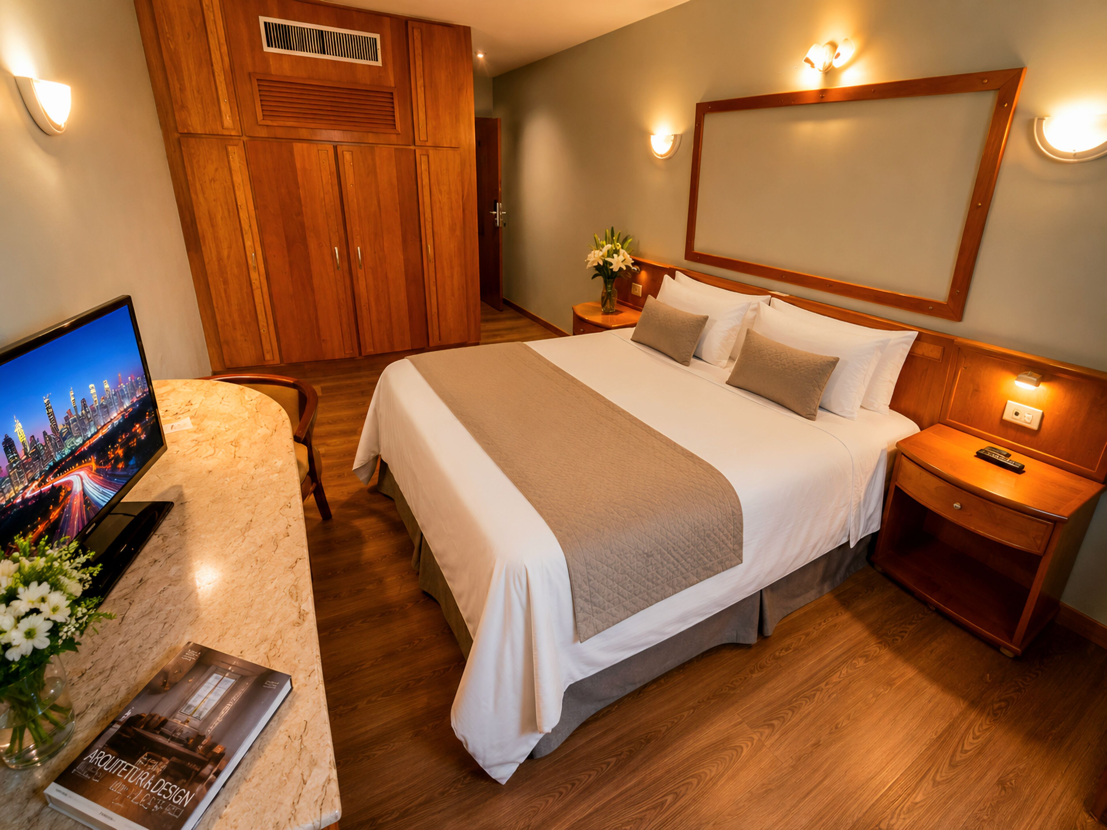 Une chambre d’hôtel avec un lit, une télévision, un magazine et une armoire en bois.