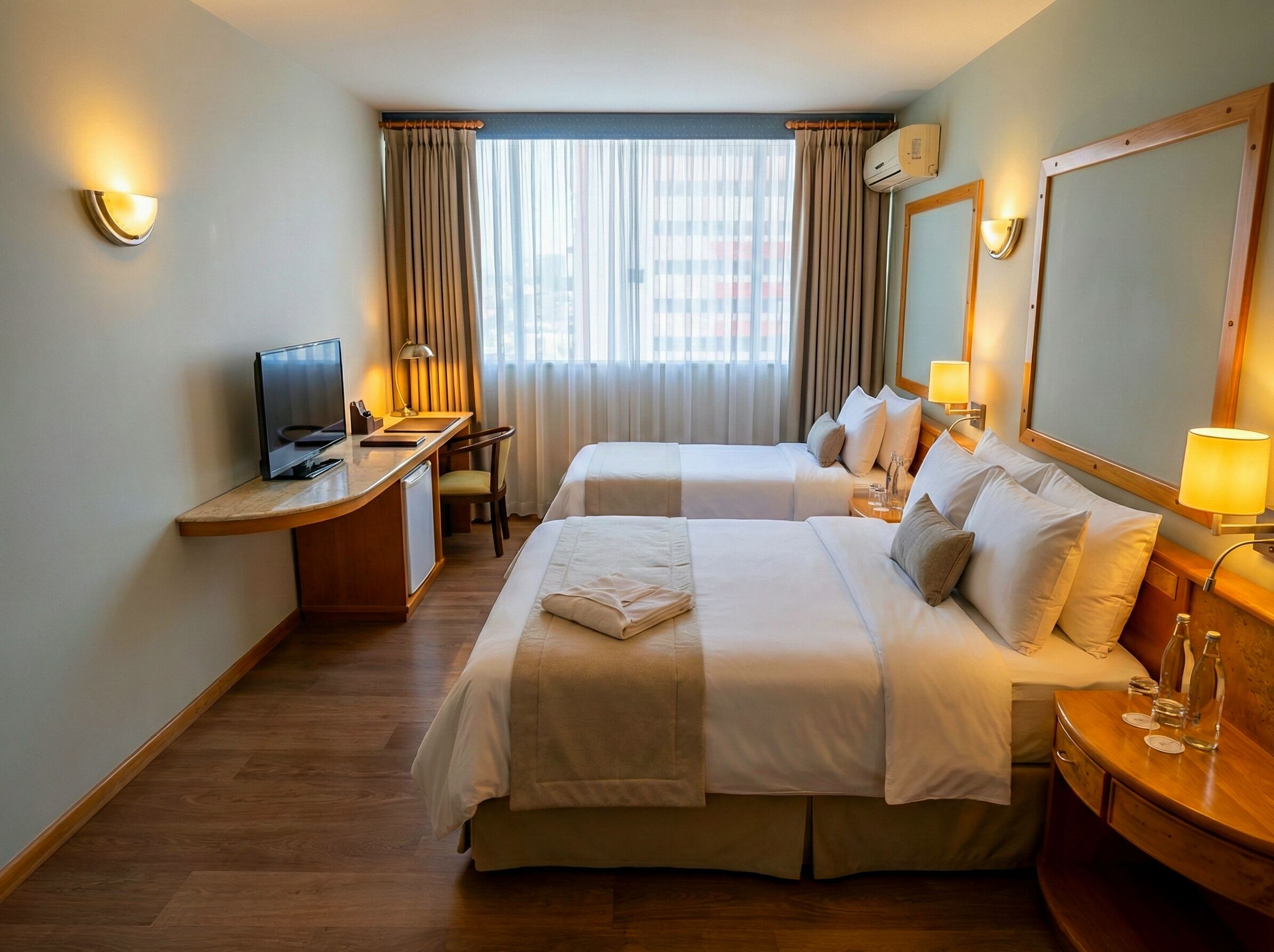 A hotel room with two beds, a desk with a TV, a desk lamp, and a window with curtains.