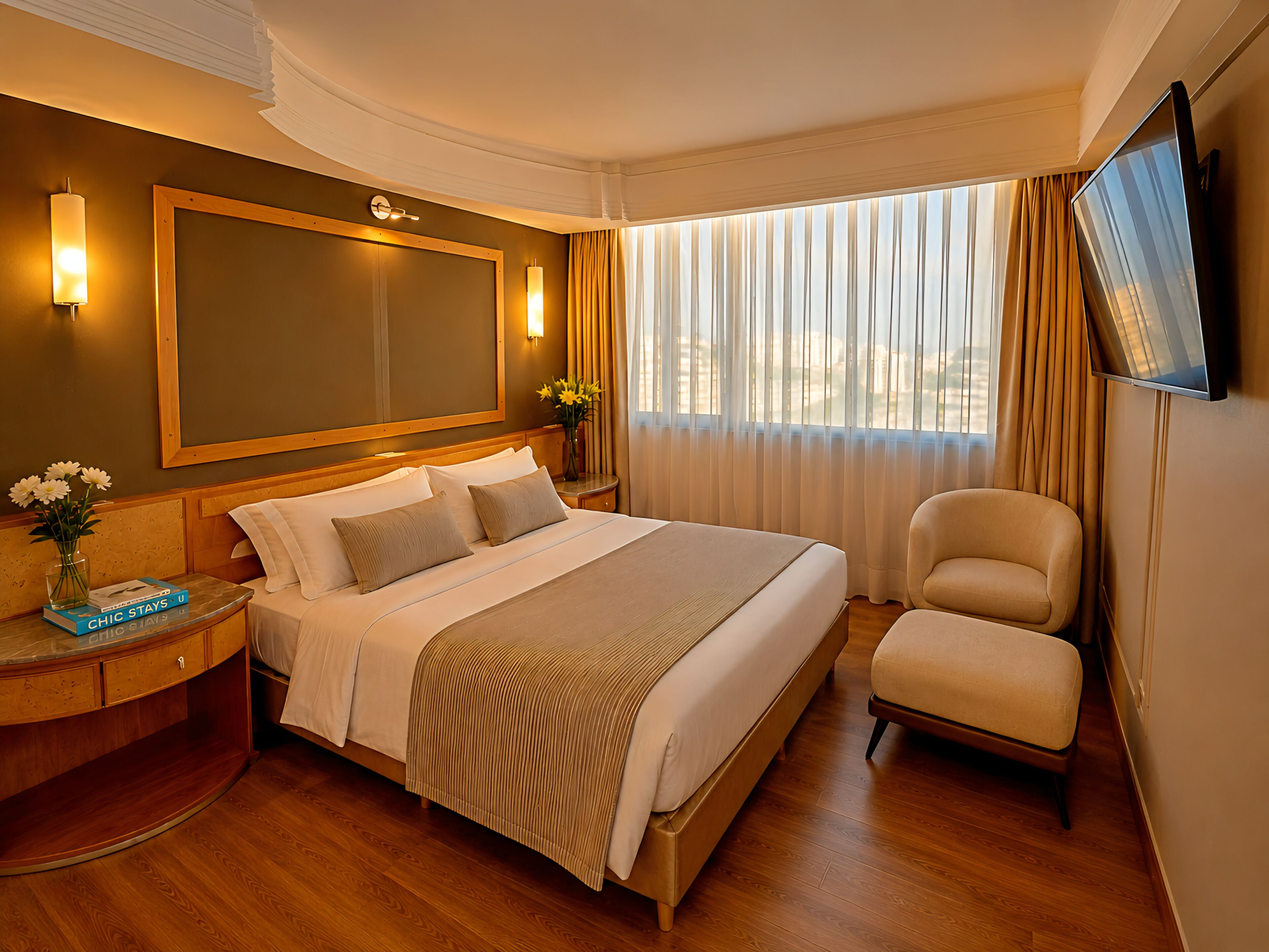 A hotel room with a large bed, a bedside table with a vase of flowers, a flat-screen TV mounted on the wall, and a window with curtains.