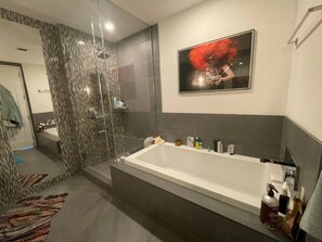 Hair dryer, towels, soap, toilet paper