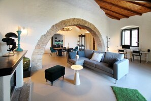 Ein geräumiger Wohnbereich mit einem Steingewölbe, einem grauen Sofa, einem kleinen runden Tisch und einem grünen Teppich.