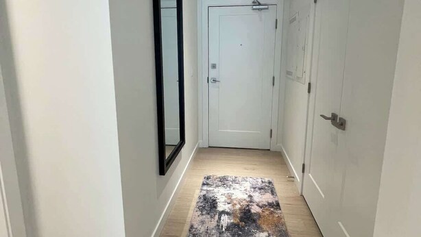 A hallway with white walls, a wooden floor, a black-framed mirror, and a patterned rug. - Bright, warm & spotless 1 BR in North End Halifax (Halifax)