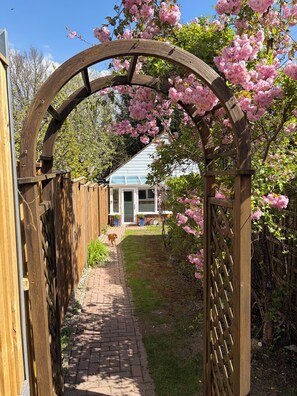 Een houten pergola met roze bloemen, een pad van baksteen en een huis met een blauw dak op de achtergrond.