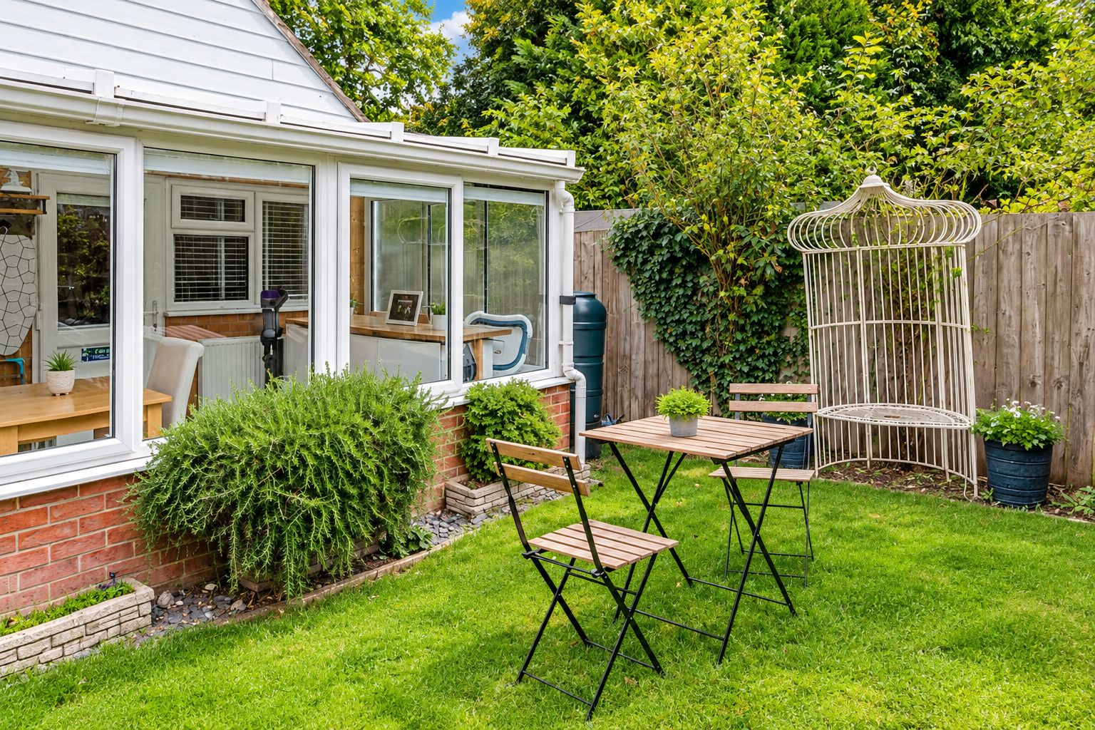 A covered patio with a table and chairs, a wooden fence, and a birdcage.