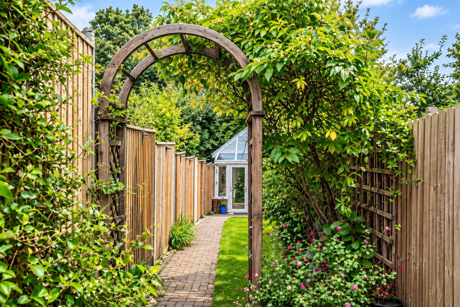 Un sendero en un jardín que lleva a una casa con un arco de madera, rodeada de abundante vegetación y una cerca de madera.
