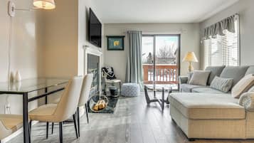 TV, fireplace, books