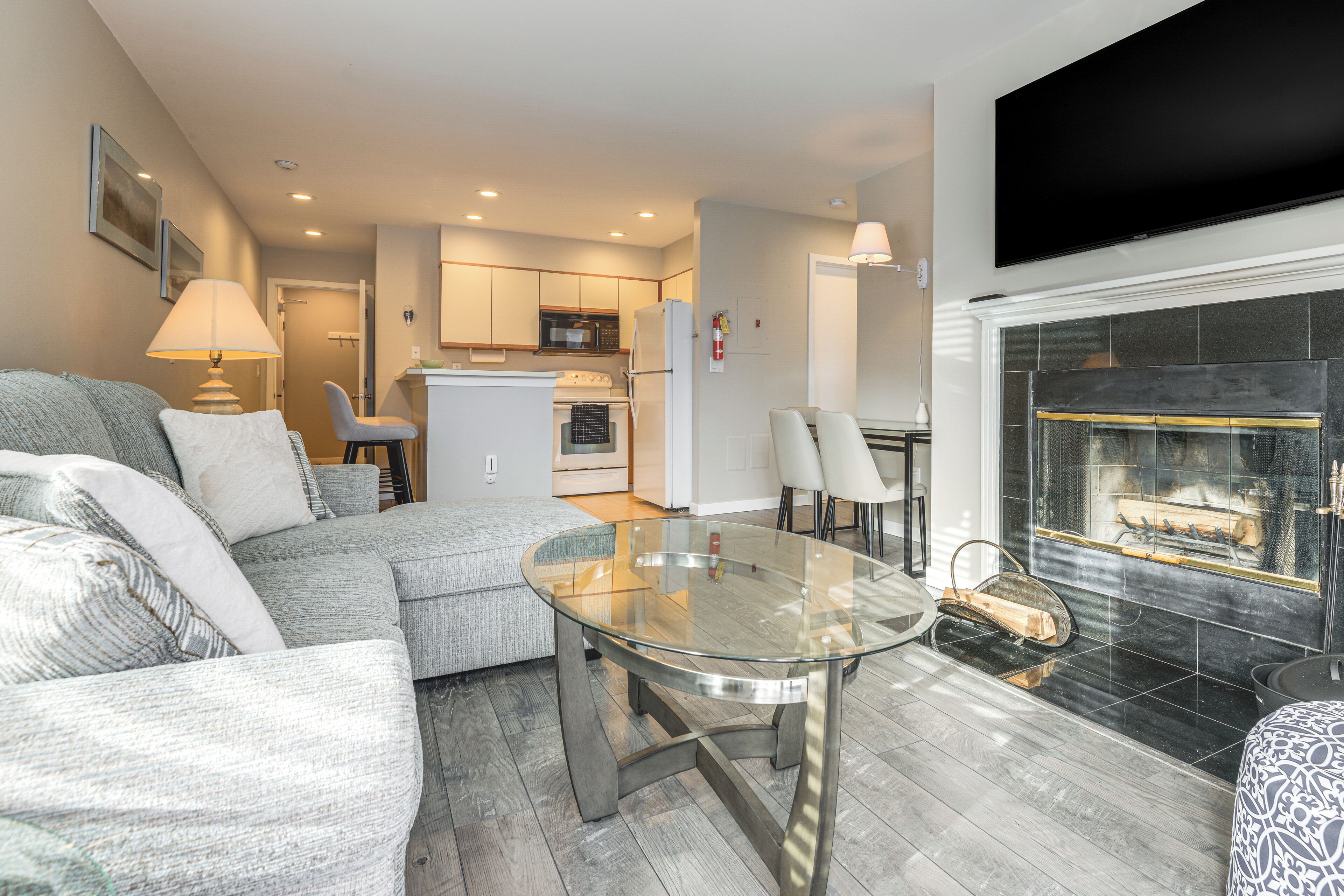 TV, fireplace, books