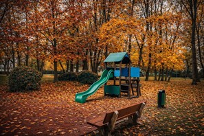 Ein Spielplatz mit Rutsche und Klettergerüst, umgeben von Bäumen mit Herbstlaub.
