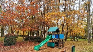 A playground with a slide and a playhouse in a park with autumn leaves. - Superb 3-bedroom apartment in the heart of Mulhouse (Mulhouse)