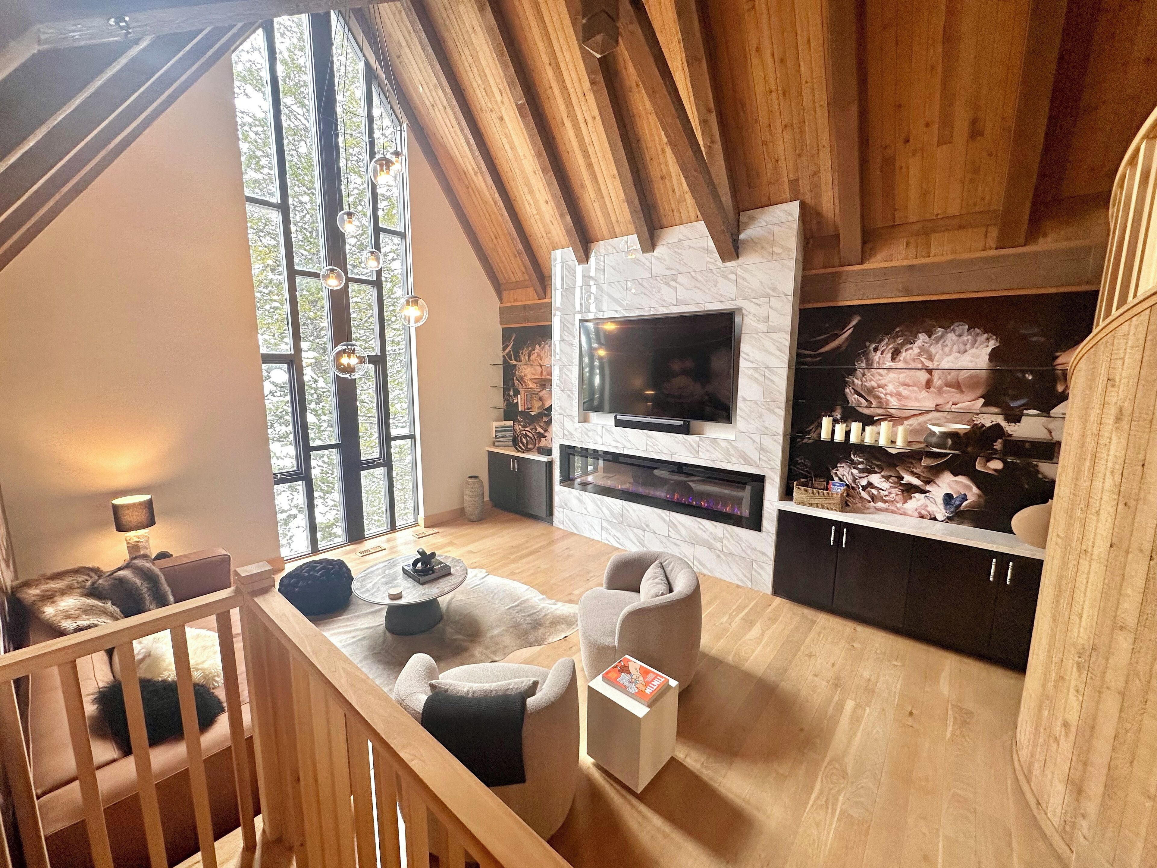 Smart TV, fireplace, books, printers