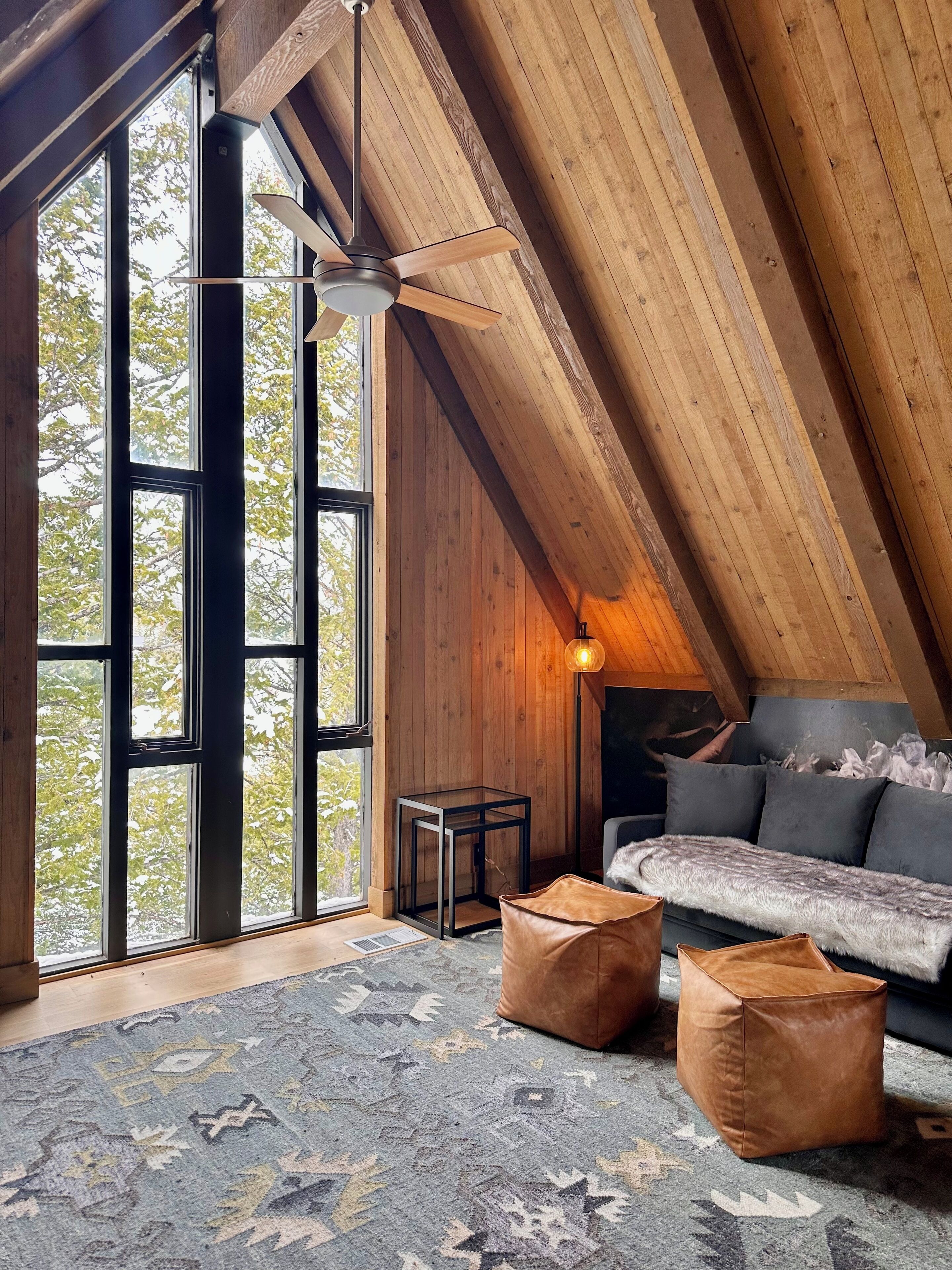 Smart TV, fireplace, books, printers