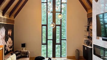 Smart TV, fireplace, books, printers