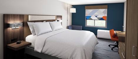 A modern hotel room with a large bed, a desk, and a window with a geometric view.
