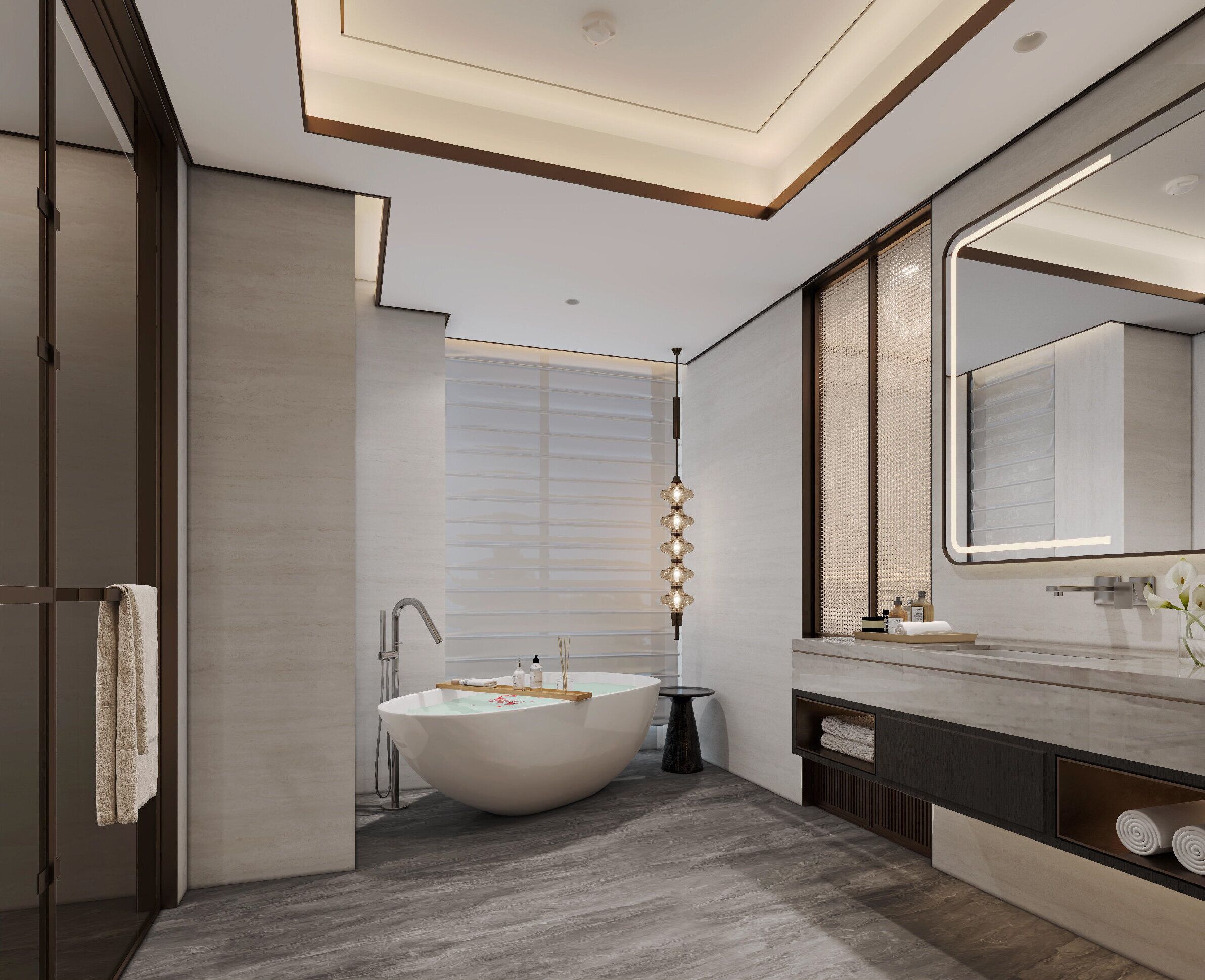 Ein modernes Badezimmer mit freistehender Badewanne, einem großen Spiegel und minimalistischem Design.