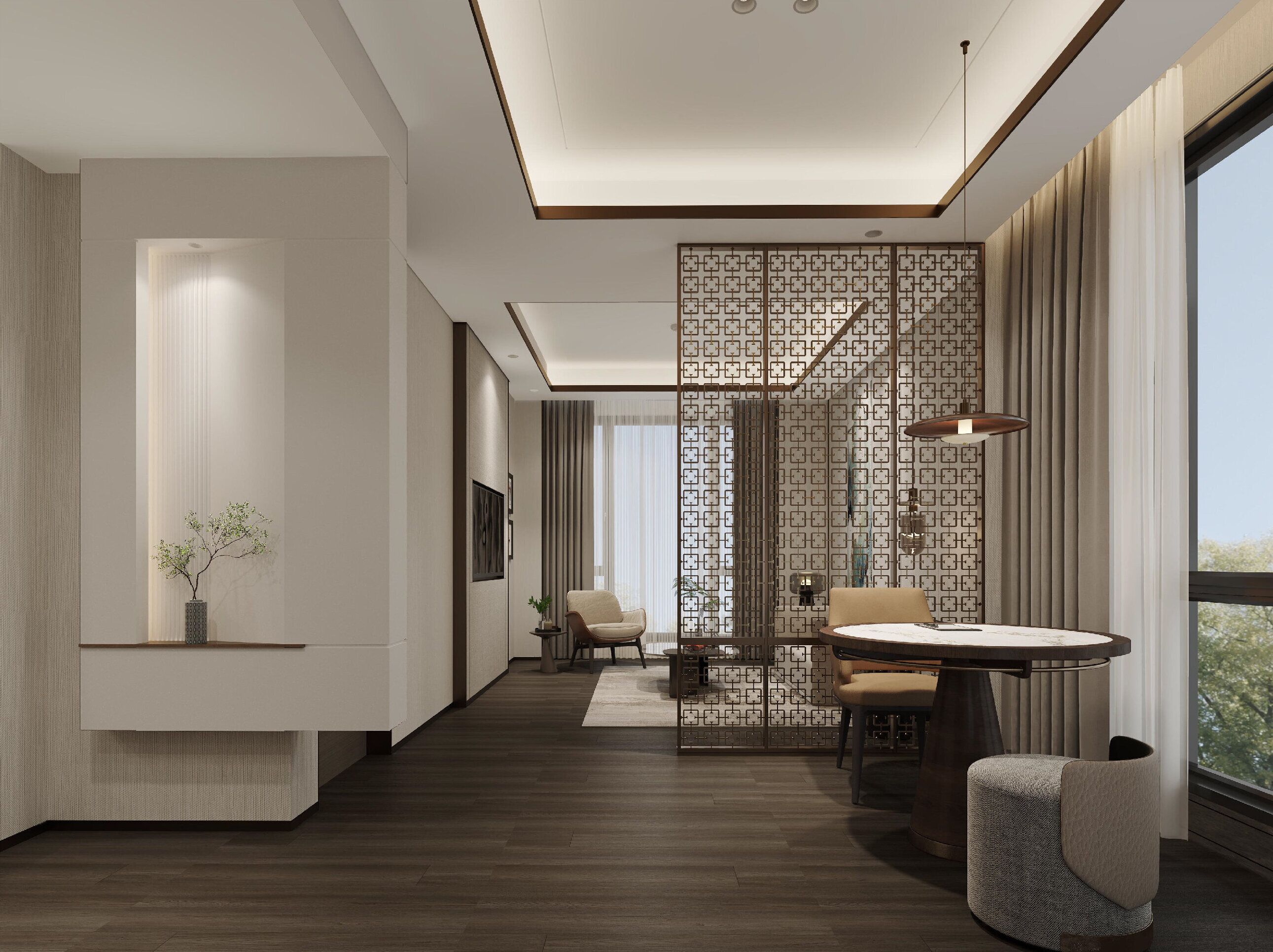 A modern hotel room with a wooden floor, a dining area with a round table and chairs, a large window with a view, and a decorative partition with a geometric pattern.
