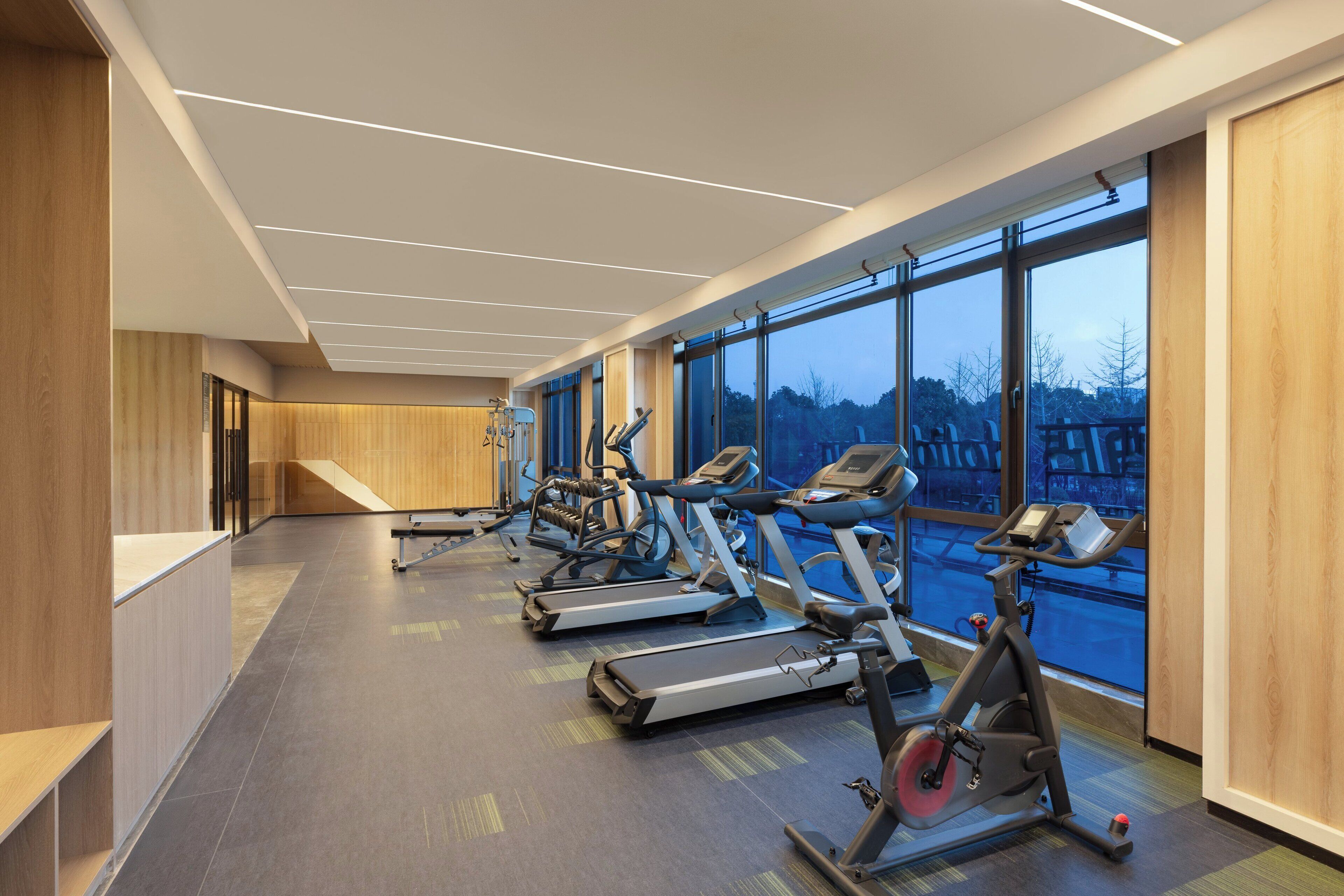 A modern gym with multiple treadmills and stationary bikes, large windows, and a wooden interior.