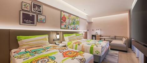 A hotel room with two beds, a sofa, a TV, and artwork on the walls.