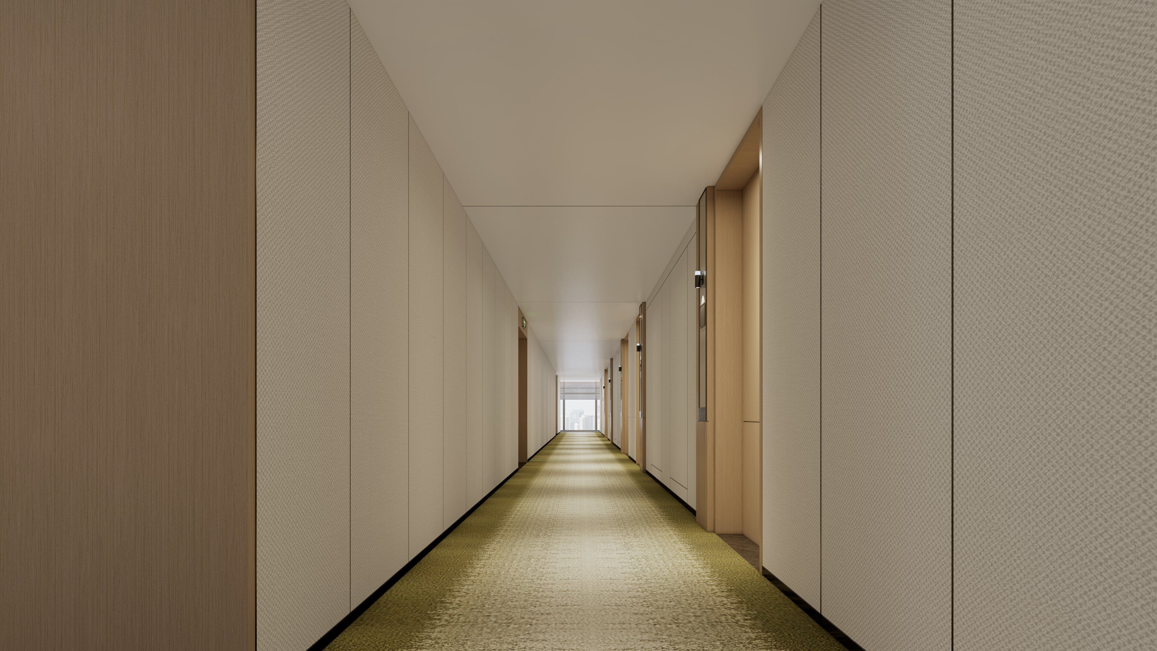 A long, narrow hallway with a patterned carpet, wooden paneling on the walls, and a plain ceiling.
