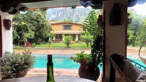 Eine Terrasse mit Blick auf einen Pool, einem Tisch mit einer Flasche und einem Korbstuhl.