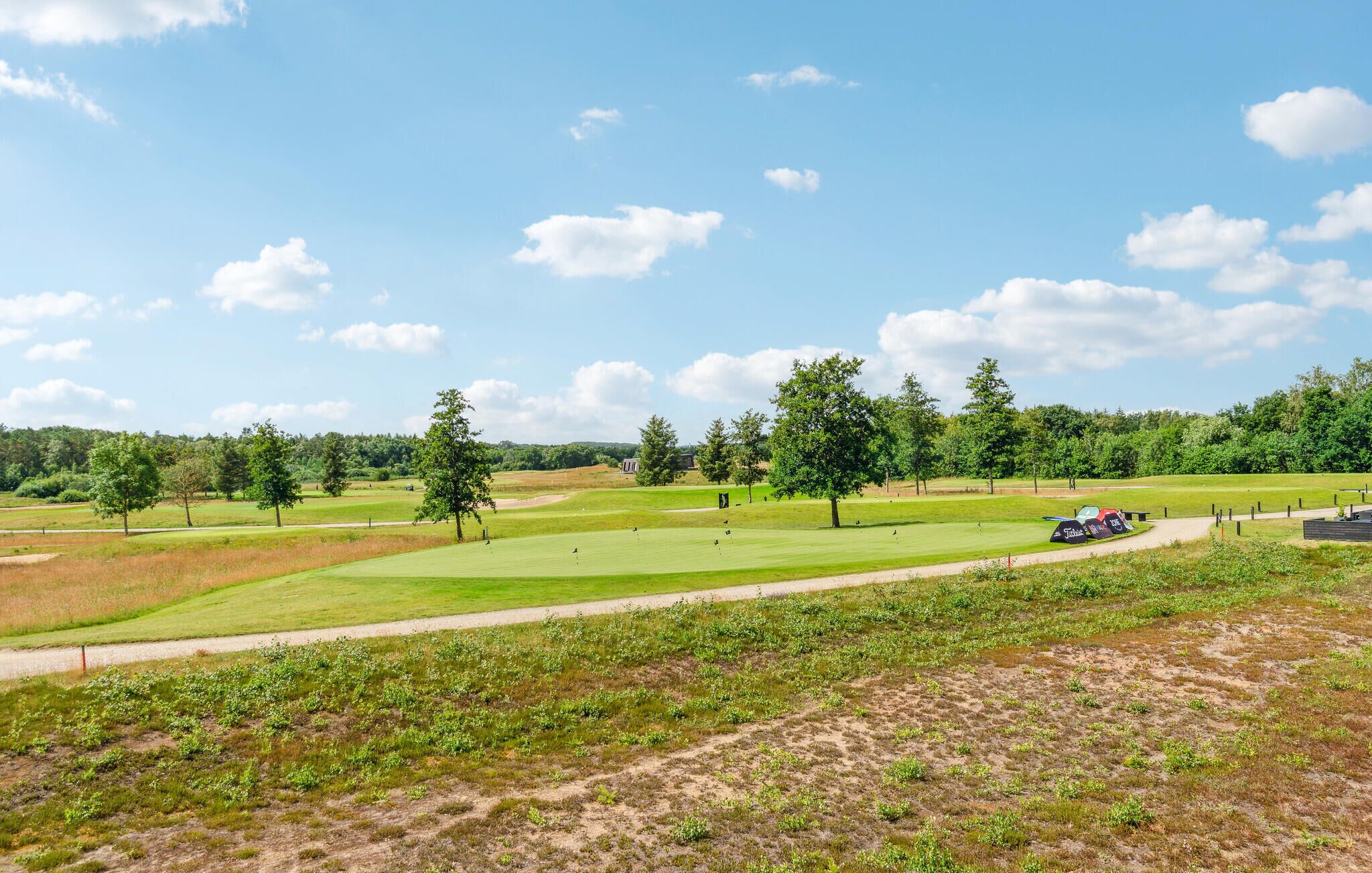 Een golfbaan met een heldere lucht, bomen en enkele spelers.