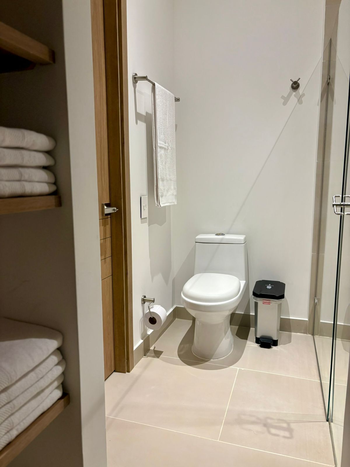 Dusj, hårføner, håndklær og såpe