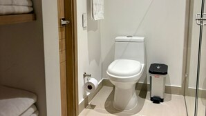Ein modernes Badezimmer mit Toilette, einer Duschkabine aus Glas und einer kleinen Mülltonne.