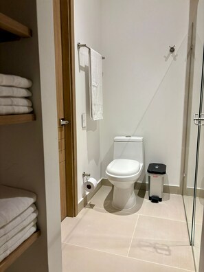 Dusj, hårføner, håndklær og såpe