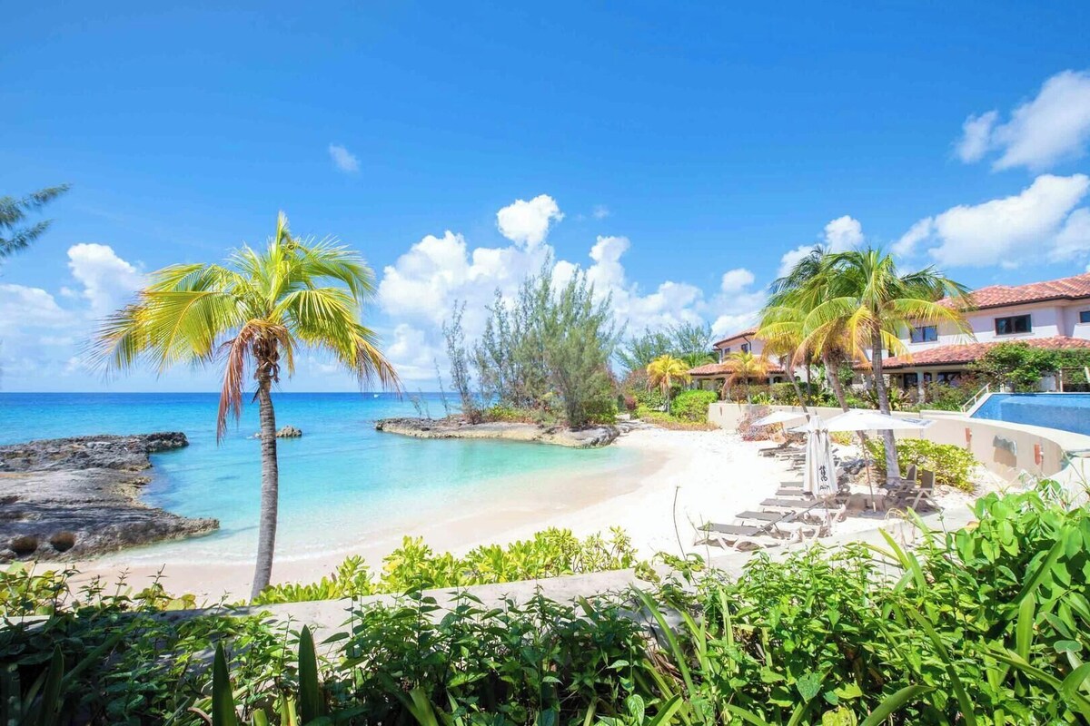 A beach resort with a pool, palm trees, and a clear blue sky.