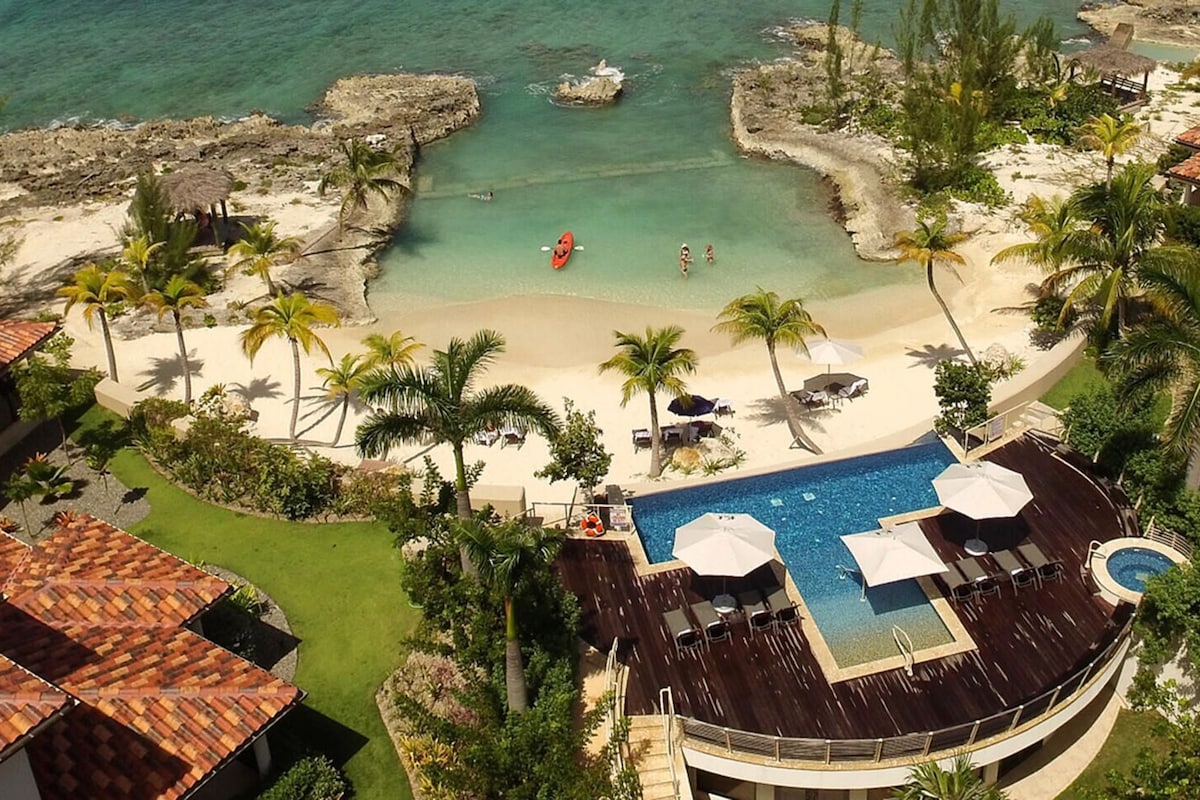 An aerial view of a resort with a pool, beach, and tropical vegetation.