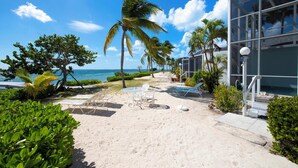 A beachfront property with a patio area, lounge chairs, and a pool. - Pools of the Kai (North Side)