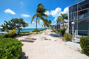A beachfront property with a patio area, lounge chairs, and a pool. - Pools of the Kai (North Side)