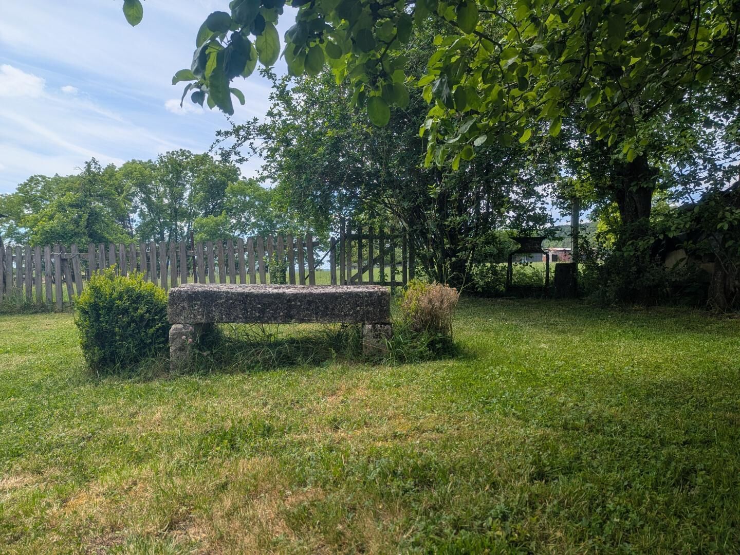 A stone bench in a grassy area with a wooden fence and trees in the background.